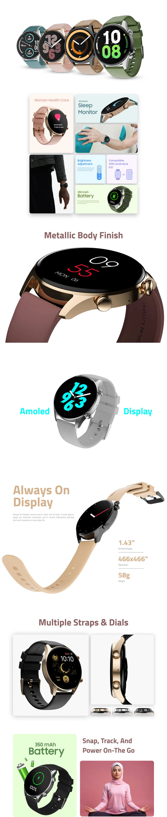 R-08 Smart Watch Amoled Display | Metallic Body | Always On